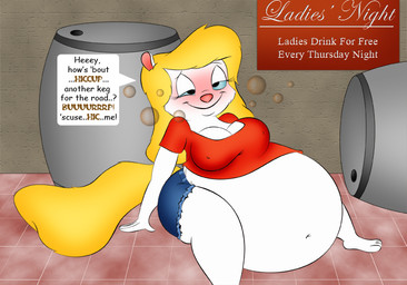 anthro belly big_belly blonde_hair bottomwear breasts bubble cleavage clothed clothing drunk female hair inflation mantawolfe midriff navel pink_nose randomuser888 shorts smile solo substance_intoxication text animaniacs warner_brothers minerva_mink mammal mink mustelid musteline true_musteline english_text