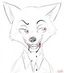 anthro blood bodily_fluids clothed clothing fur grin half-closed_eyes male narrowed_eyes red_eyes sharp_teeth shirt simple_background smile solo teeth topwear white_background boreoboros disney zootopia nick_wilde canid canine fox mammal red_fox true_fox hi_res monochrome signature