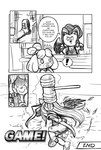 animal_crossing anthro canid canine canis comic dialogue domestic_dog english_text exclamation_point female final_fantasy final_fantasy_vii gun hammer hi_res holding_gun holding_object holding_ranged_weapon holding_weapon ichduhernz isabelle_(animal_crossing) male mammal monochrome nintendo plantigrade profanity ranged_weapon sephiroth_(final_fantasy_vii) square_enix text tools weapon wounded