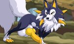 5:3 animal_genitalia animal_penis balls big_balls big_penis canid canine canine_genitalia canine_penis digital_media_(artwork) erection fan_character feral fur generation_7_pokemon genitals hi_res knot lycanroc male mammal midday_lycanroc nintendo penis pokemon pokemon_(species) presenting presenting_penis sallandril smile smug solo tail yellow_eyes yellow_penis ymir_(sallandril)