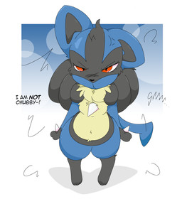 angry anthro belly black_inner_ear black_nose blue_background blue_body blue_ears blue_tail breasts cross-popping_vein dialogue female front_view frown glare glaring_at_viewer high-angle_view in_denial looking_at_viewer multicolored_body narrowed_eyes pear-shaped_figure red_eyes simple_background small_breasts solo spikes spikes_(anatomy) standing tail talking_to_viewer tan_body text thick_thighs two_tone_body white_background wide_hips guzzlord420 nintendo pokemon generation_4_pokemon lucario pokemon_(species) 2026 absurd_res cel_shading colored digital_media_(artwork) english_text hi_res shaded
