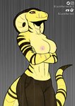 anthro big_breasts breasts claws clothed clothing crossed_arms female multicolored_body nipples non-mammal_breasts raining red_eyes scar simple_background smile solo standing topless two_tone_body wet yellow_body blackhornet just_ryan cobra reptile scalie snake absurd_res hi_res