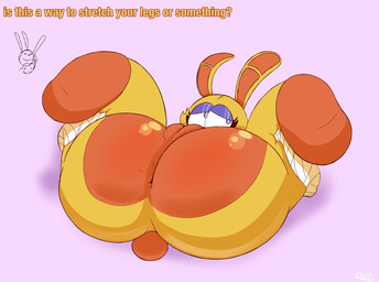 anthro anus bandage bandaged_arm bandaged_hand big_butt butt female genitals huge_butt scut_tail short_tail solo spread_legs spreading tail text vulva yellow_body trabbitwax conelia_(rabbit5gamer) lagomorph leporid mammal rabbit english_text hi_res