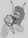 anthro bdsm bondage bound erection eyeshadow eyewear face_lick foreskin genitals glasses half-closed_eyes kneeling licking looking_at_viewer makeup male narrowed_eyes penis ribbon_bondage ribbons solo spots tongue lost-paw ani_d'esprimenti_(ghostlupe) eurasian_lynx felid feline lynx mammal absurd_res hi_res monochrome