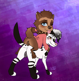 animal_genitalia animal_vulva anthro anus black_body black_fur blue_eyes blush bottomless brown_body brown_fur brown_nose butt_stack canine_genitalia canine_vulva clothed clothing collar duo female feral fur genitals half-closed_eyes looking_at_viewer looking_back multicolored_body multicolored_fur narrowed_eyes one_eye_closed pink_nose pink_tongue rear_view riding smile take_your_pick tongue tongue_out two_tone_body two_tone_fur vulva white_body white_fur young young_anthro young_female soulcentinel hotel_transylvania mythology winnie_werewolf_(hotel_transylvania) canid canine canis domestic_dog mammal mythological_canine mythological_creature werecanid werecanine werecreature werewolf wolf hi_res