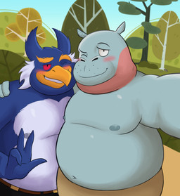 anthro blush duo eyes_closed face_squish flannel_shirt gesture hand_gesture looking_at_viewer male male/male overweight overweight_anthro overweight_male selfie shirtless shirtless_male simple_background smile smiling_at_viewer squish v_sign abe_waton odd_taxi pen-pen_(rawk-hawpper) taichi_kabasawa_(odd_taxi) avian bird common_hippopotamus crested_penguin hippopotamid mammal penguin rockhopper_penguin absurd_res hi_res