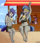 anthro bar bartender beach bikini blue_hair bottomwear clothing cloud dessert detailed_background duo_focus female food gesture group hair ice_cream male membrane_(anatomy) membranous_wings open_mouth outside pupils purple_eyes sand seaside shorts shy sky slit_pupils smile swimwear two-piece_swimsuit waving wide_hips wings yellow_eyes skecchiart hasbro my_little_pony dusk_rhine fan_character racket_rhine bat_pony equid equine horse mammal pony 2015 hi_res brother_(lore) brother_and_sister_(lore) sibling_(lore) sister_(lore)