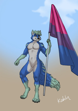 4_toes anthro athletic athletic_anthro athletic_male bisexual_pride_colors digitigrade featureless_crotch feet fingers flag flag_(object) fur hair holding_flag holding_object lgbt_pride looking_at_viewer male navel pecs pride_color_flag pride_colors simple_background smile solo standing tail toes kahlu canid canine canis mammal wolf digital_media_(artwork)