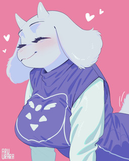 anthro big_breasts biped blush breasts clothed clothed_anthro clothed_female clothing delta_rune_(emblem) eyes_closed female front_view fur heart_symbol horn mature_anthro mature_female simple_background smile solo symbol tail topwear white_body white_fur white_horn white_tail aruurara undertale_(series) toriel boss_monster_(undertale) bovid caprine goat mammal 2025 absurd_res digital_drawing_(artwork) digital_media_(artwork) hi_res