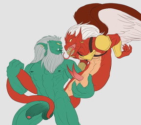 1_eye 2_penises animal_genitalia animal_penis anthro balls beard big_penis duo ear_piercing erection eye_contact facial_hair fangs feathered_wings feathers foreskin forked_tongue genitals green_body hair hemipenes humanoid_genitalia humanoid_penis long_hair looking_at_another male male/male multi_genitalia multi_penis muscular nipples penis piercing teeth tongue white_hair wings spelunker_sal disney gargoyles proteus_(gargoyles) zafiro_(gargoyles) cyclops gargoyle monster