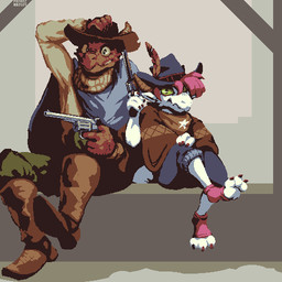 action_pose ambiguous_gender anthro boots bottomwear brown_body brown_scales claws clothing colored_nails cowboy_boots cowboy_hat cowboy_outfit duo footwear green_eyes gun hair hand_on_knee hand_on_leg handgun hat headgear headwear holding_object horn male nails pants pink_hair poncho pose raised_arm ranged_weapon revolver scales shoes short_hair shorts sitting socks sweater toe_claws toeless_footwear toeless_socks topwear weapon white_body white_scales white_skin yellow_eyes pavanz dungeons_and_dragons hasbro wizards_of_the_coast cliff_domingo_(pavanz) esmeralda_(runicknight) unnamed_character dragonborn_(dnd) kobold scalie 1:1