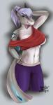 anthro biped blue_eyes clothing female grey_body grey_hair grey_skin hair hand_behind_head looking_at_viewer midriff navel pose solo standing tattoo azzieworks cloudtrotter kaveri fish marine shark 2015 hi_res