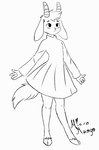 ambiguous_gender anthro big_ears clothed clothing dress fur hooves horn long_sleeves simple_background slim solo spread_arms standing tail tail_under_skirt unguligrade white_background white_body white_fur micromango bovid caprine goat mammal full-length_portrait monochrome portrait signature