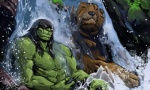 duo eyes_closed glowing glowing_eyes green_body hair long_hair male muscular muscular_male nipples outside smile tusks water waterfall unknown_artist blizzard_entertainment warcraft misha_(warcraft) rexxar bear humanoid mammal ogre ogre_(warcraft) orc