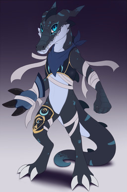 3_claws 4_fingers anthro armor bandage black_armor black_body black_claws black_nose black_scales black_spikes black_tail blue_body blue_eyes blue_scales claws clothing digitigrade featureless_crotch fingers gloves gradient_background handwear looking_at_viewer male mouth_closed multicolored_body multicolored_scales nude nude_anthro nude_male one_glove scales scarf simple_background snout solo spikes spikes_(anatomy) standing tail two_tone_body two_tone_scales white_claws meraence bandai_namco digimon fan_character digimon_(species) nairumon scalie 2023 digital_media_(artwork) hi_res