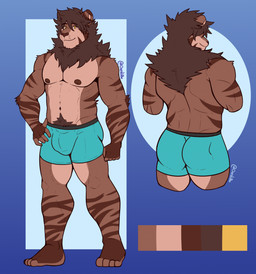 anthro areola back_tuft biped blue_clothing blue_underwear boxer_briefs boxer_briefs_only brown_mane butt chest_tuft clothed clothing feet fingers fist front_view geometric_background hand_on_hip humanoid_feet humanoid_hands looking_at_viewer male mane nipples orange_eyes pecs plantigrade pose pubes rear_view simple_background smile solo standing text toes topless topless_anthro topless_male tuft underwear underwear_only darolion darolion_(character) felid lion mammal pantherine 2023 artist_name colored full-length_portrait hi_res model_sheet portrait three-quarter_portrait