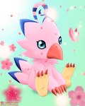 beak blue_eyes blue_markings claws eyelashes feathers feet female flower green_background markings petals pink_body pink_feathers plant red_claws simple_background sitting soles solo tail tail_feathers toe_claws tuft zeekaydigital bandai_namco digimon avian biyomon digimon_(species) hi_res signature