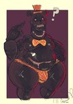 anthro belly belly_mouth black_body black_fur bow_tie clothed clothing front_view fur gesture hand_gesture hat headgear headwear male middle_finger open_mouth overweight overweight_anthro overweight_male purple_background question_mark red_eyes sharp_teeth simple_background solo standing teeth thick_thighs thong topless topless_anthro topless_male underwear yellow_bow_tie yellow_clothing yellow_hat yellow_headwear yellow_thong yellow_underbelly yellow_underwear badaboomey ogilenuj five_nights_at_freddy's five_nights_at_freddy's_4 scottgames nightmare_(fnaf) bear mammal 2025 english_description