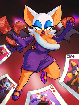 5_fingers abstract_background anthro armwear big_breasts big_ears black_nose blue_eyeshadow breasts card cleavage clothed clothing dress elbow_gloves eyelashes eyeshadow female fingers footwear fully_clothed gloves green_eyes hair half-closed_eyes handwear high_heels holding_card lipstick looking_at_viewer makeup narrowed_eyes playing_card purple_clothing purple_dress purple_footwear purple_gloves purple_handwear purple_high_heels queen_of_clubs queen_of_diamonds queen_of_hearts_(card) queen_of_spades red_lipstick shoes short_hair smile solo suit_symbol white_hair roboticsteve sega sonic_the_hedgehog_(series) rouge_the_bat bat mammal 2026 absurd_res hi_res