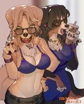 4_fingers alternative_fashion amekaji anthro arm_in_arm beverage bikini bikini_top bottomwear breasts brown_body brown_fur brown_hair brown_nose bubble_tea chest_tuft claws clothing collar dress duo ear_piercing ear_ring eyewear female female/female female_anthro finger_claws fingers floppy_ears fluffy fur gesture gyaru hair hand_gesture holding_beverage holding_object j-fashion jewelry kemono looking_at_viewer midriff multicolored_body multicolored_fur navel necklace onee_gyaru open_mouth pawpads piercing ring ring_piercing sunglasses swimwear tan_body tan_fur tan_hair teeth text tongue tuft two-piece_swimsuit v_sign white_body white_fur wristband yellow_eyes magiace canid canine canis domestic_dog mammal 2021 artist_name dated digital_media_(artwork) hi_res