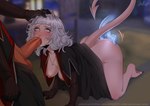 all_fours blurred_background blush bodily_fluids clothed clothing duo fellatio female hair humanoid_pointy_ears male male/female not_furry oral oral_penetration pale_skin partially_clothed penetration penile pointy_ears red_body red_skin ruined_makeup sex tears white_hair untitledexpression dungeons_and_dragons hasbro wizards_of_the_coast humanoid tiefling