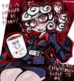 angry beverage black_clothing black_eyeshadow black_gloves black_handwear bottomwear breasts business_suit businesswoman clothing coffee coffee_mug collared_shirt container cup curly_hair dress_shirt eyeshadow female fluffy gloves grumpy hair handwear holding_coffee_mug holding_container holding_cup holding_mug holding_object horn id_card lanyard looking_at_viewer makeup miniskirt mug name_tag office_lady pale_body pale_skin pencil_skirt pink_text ponytail red_clothing red_eyes red_shirt red_topwear shirt simple_background skirt small_breasts solo spade_tail suit suit_jacket tail text thick_thighs topwear unimpressed white_hair wide_hips diddlydooter1 helltaker pandemonica_(helltaker) demon humanoid artist_name digital_drawing_(artwork) digital_media_(artwork) meme signature