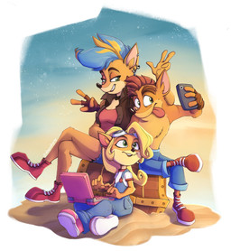 anthro computer ear_piercing ear_ring electronics female gesture group hand_gesture laptop male phone piercing ring_piercing sand sitting taking_picture treasure_chest v_sign alaynakgray activision crash_bandicoot_(series) coco_bandicoot crash_bandicoot pirate_tawna bandicoot mammal marsupial 2020 hi_res brother_(lore) brother_and_sister_(lore) sibling_(lore) sister_(lore)