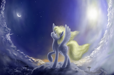 blonde_hair cloud cutie_mark day feathered_wings feathers female feral fur grey_body grey_feathers grey_fur hair moon night outside sign sky solo star sun text wings yellow_eyes grayma1k friendship_is_magic hasbro my_little_pony mythology derpy_hooves_(mlp) equid equine mammal mythological_creature mythological_equine pegasus 2012 english_text