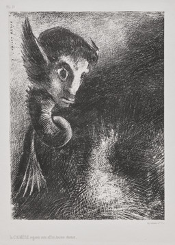 ambiguous_feral ambiguous_gender back_spikes ear_frill feral fin frill_(anatomy) humanoid_face mouth_closed serpentine simple_background solo spikes spikes_(anatomy) tail tail_fin text textured_background wide_eyed odilon_redon public_domain chimera 1886 19th_century absurd_res ancient_art artist_name french_text hi_res huge_filesize lithograph_(artwork) monochrome traditional_media_(artwork)