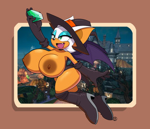 anthro areola armwear big_areola big_breasts boots breasts chaos_emerald city cityscape clothed clothing elbow_gloves eyeshadow fangs female flying footwear fur gem gloves green_eyes handwear hat headgear headwear high_heeled_boots high_heels huge_breasts legwear leotard makeup membrane_(anatomy) membranous_wings orange_body shoes solo teeth thigh_boots thigh_highs topless topless_female white_body white_fur wings witch_hat miobadders sega sonic_the_hedgehog_(series) rouge_the_bat bat mammal absurd_res hi_res