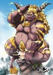 anthro belly big_belly genitals humanoid_genitalia humanoid_hands humanoid_penis kemono male moobs musclegut muscular nipples outside overweight overweight_male penis pubes solo tongue tongue_out inuiookawa capcom monster_hunter primatius rajang 2016