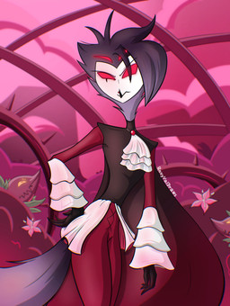 4_eyes alternative_fashion bangs black_clothing bottomwear cloak clothing glowing glowing_eyes goth hand_on_hip looking_at_viewer male multi_eye pants red_bottomwear red_clothing red_eyes red_pants solo standing white_clothing roxyvaldraws hellaverse helluva_boss stolas_(helluva_boss) owl_demon hi_res