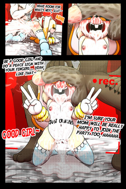 5_fingers anthro aphrodisiac areola balls blush bodily_fluids butt_slap clothing cum cum_on_face dialogue dominant dominant_anthro dominant_male dominant_old duo eyes_closed female fingers genital_fluids genitals gesture hand_gesture legwear male male/female navel nipples open_mouth penis slap solo_focus spanked_butt spanking spread_legs spreading submissive submissive_anthro submissive_female submissive_young text tongue v_sign young dexstar sega sonic_the_hedgehog_(series) cream_the_rabbit mammal 2:3 comic digital_media_(artwork) english_text hi_res