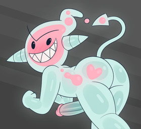 alternate_color bent_over black_sclera blue_body blush butt eyebrows genitals horn male not_furry penis presenting presenting_hindquarters sharp_teeth simple_background smile solo spade_tail tail teeth toony gemsum spit_(gemsum) goo_creature humanoid imp 2025 absurd_res hi_res
