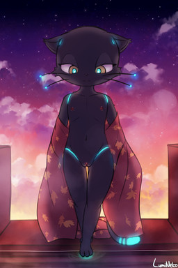 anthro anthrofied areola biped black_body black_nose cheek_tuft clitoris detailed_background facial_tuft feet female flat_chested front_view genitals glowing green_eyes half-closed_eyes loli looking_down machine mouth_closed narrowed_eyes navel nipples nude outside paws sky skyscape solo star starry_sky sunset tail toes tuft vulva walking water young young_anthro young_female lumineko hi-fi_rush microsoft tango_gameworks 808_(hi-fi_rush) domestic_cat felid feline felis mammal robot 2023 2:3
