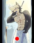 anthro bathroom brush brushing brushing_teeth bulge caught_in_the_act male recording shirtless_male solo towel scorptex115 amoux_grey canid canine canis mammal wolf 4:5 absurd_res hi_res