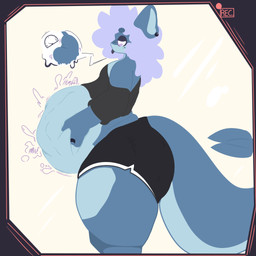 abdominal_bulge anthro black_clothing blue_body body_outline bottomwear bubble_butt butt calling_for_help camera_view clothing digestion_noises digestion_sequence duo ear_piercing fat_rolls fluffy fuel_gauge hair holding_belly hungry intersex intersex/male long_hair long_tail male meter organs oversized_clothing oversized_shirt oversized_topwear piercing purple_eyes recording_video ring rumbling_stomach shirt side_view sloshing_belly squirming standing stomach tail thick_tail thick_thighs tight_bottomwear tight_clothing tired_eyes tongue tongue_out topwear unwilling_prey vore wide_hips sushipaw sushi_(sushipaw) aquatic fish shark 1:1 hi_res
