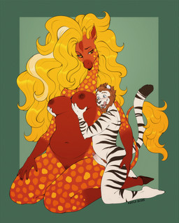 anthro areola beard bedroom_eyes black_stripes blonde_hair breasts brown_areola brown_body brown_fur brown_hair brown_nipples dewclaw_hooves duo erection facial_hair facial_piercing female fur genitals green_background hair half-closed_eyes hooves horn humanoid_genitalia humanoid_penis humanoid_vulva licking licking_lips male male/female narrowed_eyes nipples nose_piercing nose_ring orange_spots ossicone penis piercing ring_piercing seductive simple_background size_difference slightly_chubby slightly_chubby_anthro slightly_chubby_female smile smirk smug smug_face spots striped_body striped_fur stripes tail tail_tuft tongue tongue_out tuft vulva white_body white_fur yellow_spots kaylii mae_(kaylii) felid giraffe giraffid mammal pantherine tiger 2025 4:5 hi_res