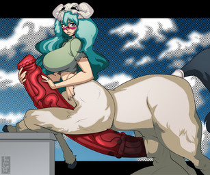 accessory animal_genitalia animal_penis balls big_balls big_breasts big_penis bodypaint bone bottomless breasts brown_eyes clothed clothing equine_genitalia equine_penis erection face_paint female fur furgonomics genitals green_clothing green_hair green_shirt green_topwear gynomorph hair hat headgear headwear holding_penis hooves huge_balls huge_breasts huge_penis hyper hyper_genitalia hyper_penis intersex looking_at_viewer medial_ring outside penis sheath shirt simple_background skull solo tail tail_accessory text thick_thighs topwear torn_clothing vein veiny_penis white_body white_fur wide_hips frozenartifice bleach_(series) european_mythology greek_mythology mythology nelliel_tu_odelschwanck centaur equid equid_taur equine humanoid_taur mammal mammal_taur taur 2025 6:5 digital_media_(artwork) english_text hi_res