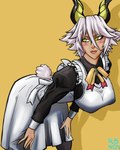 big_breasts breasts clothed clothing female hair horn simple_background smile solo tail white_hair albinion shinmai_maou_no_testament zest zest_(shinmai_maou_no_testament) demon human humanoid mammal absurd_res digital_media_(artwork) hi_res