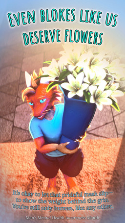 anthro bloom blue_bottomwear blue_clothing blue_eyes blue_pants bottomwear bouquet cheek_frill claws clothing flower gift hair holding_bouquet holding_flower holding_gift holding_object horn lily_(flower) looking_at_viewer looking_up looking_up_at_viewer male open_mouth orange_body pants plant size_difference smaller_male smile smiling_at_viewer solo tail tail_motion tailwag teeth text whiskers dragon-v0942 men's_mental_health_awareness_month mathew_kelly kobold scalie 3d_(artwork) 3d_animation 9:16 animated digital_media_(artwork) english_text loop portrait short_playtime source_filmmaker_(artwork)