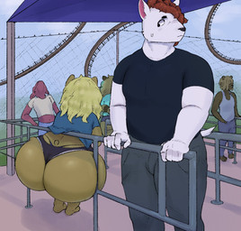 5_fingers ambiguous_gender amusement_park amusement_ride anthro barefoot belly big_butt black_bottomwear black_clothing black_eyes black_hotpants black_nose black_shirt black_shorts black_topwear blue_bottomwear blue_clothing blue_pants blue_shirt blue_topwear blue_underwear bodily_fluids bottom_heavy bottomwear brown_body brown_fur brown_hair brown_tail butt butt_squish clothed clothing cloud curly_hair curvy_figure detailed_background dreadlocks duo_focus eyebrows feet femboy fence fingers frown fully_clothed fur glistening glistening_body glistening_butt glistening_hair grass grey_bottomwear grey_clothing grey_pants group guard_rail hair hair_over_eyes head_back hotpants huge_butt humanoid_hands looking_at_another's_butt looking_at_butt looking_up male metal muscular muscular_anthro nervous nervous_sweat orange_hair outside pants pear-shaped_figure pink_body pink_fur plant rear_view roller_coaster shirt short_tail shorts side_eye sitting sky skyscape small_tail squish sweat tail tan_hair tank_top thick_thighs thong topwear underwear waiting waiting_in_line white_body white_clothing white_eyes white_fur white_shirt white_tail white_topwear wide_hips neeno neeno_(character) bull_terrier canid canine canis domestic_cat domestic_dog felid feline felis hunting_dog mammal procyonid raccoon terrier 2025 colored digital_drawing_(artwork) digital_media_(artwork) hi_res shaded female_(lore)