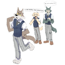 accessory anthro barefoot bottomwear clothed clothing dialogue feet fingers footwear fur grey_body grey_fur group male necktie open_mouth pants shoes simple_background smile speech_bubble standing tail text thought_bubble toes topwear trio vistrou beastars epic_games fortnite jack_(beastars) legoshi_(beastars) wendell_(fortnite) bird_dog canid canine canis domestic_dog hunting_dog labrador mammal retriever wolf 1:1 absurd_res crossover digital_media_(artwork) english_text hi_res