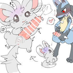animal_genitalia animal_penis anthro anus beady_eyes biped black_body black_fur blue_body bodily_fluids canine_genitalia canine_penis censor_bar digitigrade duo female front_view fur genital_fluids genitals grey_body grey_fur imminent_rape imminent_sex inaccurate_knotting innie_vulva interspecies knot knotted_penis larger_anthro larger_male leaking_precum looking_down looking_down_at_another looking_up_at_penis male onomatopoeia penis pink_penis precum precum_squirt red_eyes rubbing_penis scared sequential_arrow side_view simple_background size_difference smaller_anthro smaller_female sound_effects text vulva white_background sakaniyame nintendo pokemon generation_4_pokemon generation_5_pokemon lucario minccino pokemon_(species) 1:1 censored digital_drawing_(artwork) digital_media_(artwork) hi_res japanese_text