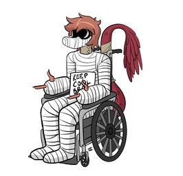 anthro cast eyewear fingerguns gesture glasses hair hand_gesture humor male neck_brace pink_hair pointing simple_background sitting solo sunglasses text vehicle wheelchair white_background wounded seven_(artist) cavemanon_studios goodbye_volcano_high snoot_game reed_(gvh) dinosaur dromaeosaurid prehistoric_species reptile saurischian scalie theropod velociraptor english_text