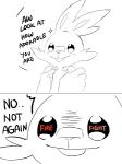 ambiguous_gender buckteeth dialogue disembodied_hand duo holding_character humor pleading_eyes pun size_difference smile solo_focus teeth text seiryuuden nintendo pokemon generation_8_pokemon lagomorph mammal pokemon_(species) scorbunny 2019 black_and_white_and_red digital_drawing_(artwork) digital_media_(artwork) english_text multiple_scenes sketch