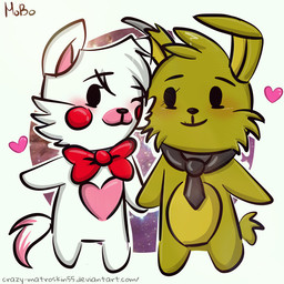alternate_species anthro bow_tie cheek_tuft chibi duo eye_scar eyebrows facial_scar facial_tuft female fur furrification green_body green_fur hair hand_holding heart_symbol male pink_body pink_fur pink_inner_ear scar semi-anthro small_tail tail tuft white_body white_fur white_hair crazy-matroskin55 five_nights_at_freddy's five_nights_at_freddy's_2 five_nights_at_freddy's_3 scottgames mangle_(fnaf) springtrap_(fnaf) canid canine fox lagomorph leporid mammal rabbit 1:1 2015