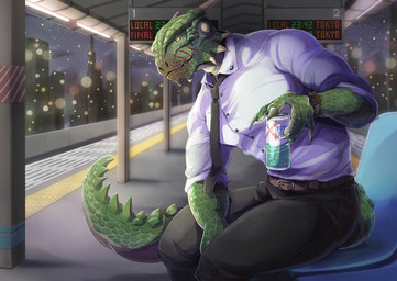 anthro belt beverage beverage_can bodypaint bottomwear city cityscape clock clothed clothed_male clothing detailed_background face_paint facial_scar green_body green_scales holding_beverage holding_object horn looking_at_viewer male muscular muscular_male necktie night pants scales scar shirt sitting skyline smile solo tail text thick_tail topwear train_station work_clothes yellow_eyes gunka bethesda_game_studios microsoft skyrim the_elder_scrolls veezara argonian scalie 2021
