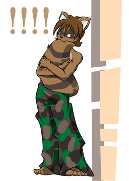 anthro barefoot biped black_nose bottomwear brown_body brown_eyes brown_fur brown_hair camo camo_bottomwear camo_clothing camo_pants camo_print clothed clothing exclamation_point fangs feet fluffy fluffy_tail fur hair holding_tail looking_at_viewer male markings oversized_bottomwear oversized_clothing oversized_pants pants pattern_bottomwear pattern_clothing pattern_pants simple_background solo standing striped_markings striped_tail stripes tail tail_hug tail_markings teeth white_background inspectornills mammal procyonid raccoon