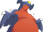 4:3 ambiguous_gender anthro belly big_belly black_sclera blue_body blue_skin garchomp generation_4_pokemon hi_res japanese_text nintendo obese obese_ambiguous obese_anthro overweight overweight_ambiguous overweight_anthro pokemon pokemon_(species) simple_background solo standing text white_background zephy_03